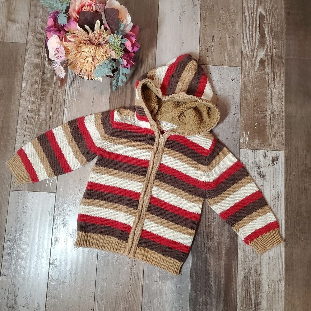 Gymboree 2009 Hooded Knit Striped Winter Sweater Full-Zip Brown Red Vintage